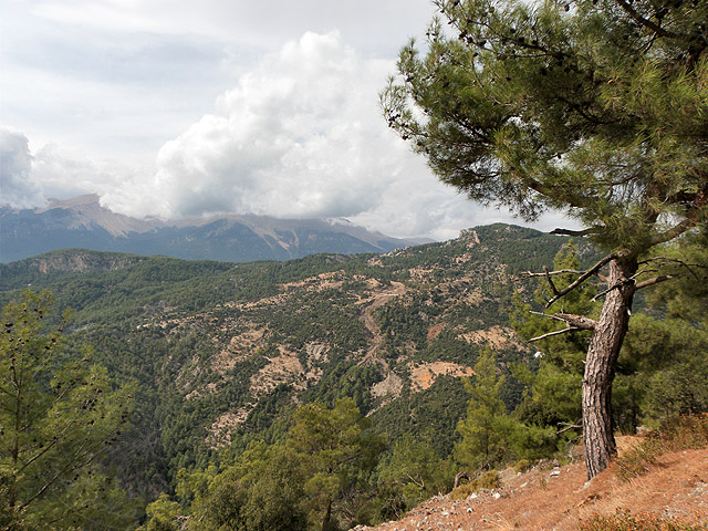 10-10-07-Bergtour-12-s.jpg - Von der Straße Antalya-Altinyaka kann man über ein breites Tal noch weitere hohe Berge sehen - wenn sie nicht gerade in den Wolken verschwinden!